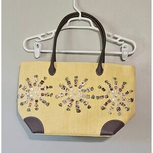 Donna Dixon Y2K Beaded Raffia Handbag Yellow Brown Leather Trim Vintage 2000s